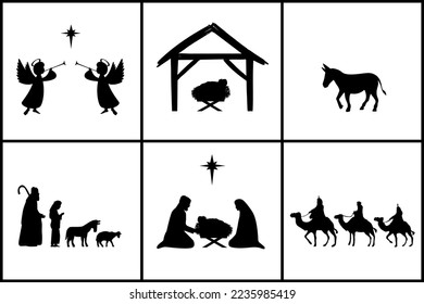 Nativity christian christmas holiday set in silhouettes. Jesus in manger, Mary, Joseph, angels, wisemen, shepherds and Bethlehem star. Vector illustration