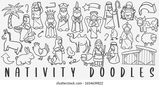 Nativity Christmas Doodle Line Art Illustration. Hand Drawn Vector Clip Art. Banner Set Logos.