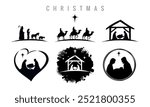 Nativity Christmas icons set, manger with baby Jesus, Joseph, Mary, shepherds and three wise men. Collection of silhouettes traditional christian characters holy night. Vector illustration