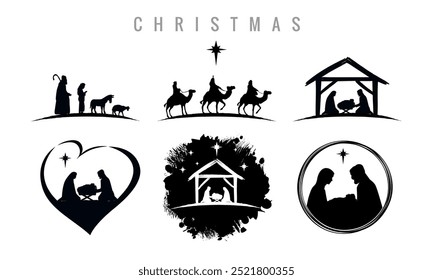 Nativity Christmas icons set, manger with baby Jesus, Joseph, Mary, shepherds and three wise men. Collection of silhouettes traditional christian characters holy night. Vector illustration