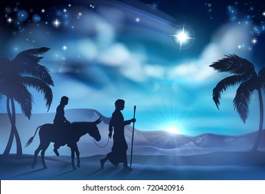 Nativity Christmas illustration of Joseph and Virgin Mary riding a donkey on their journey in the desert with the star of Bethlehem in the background