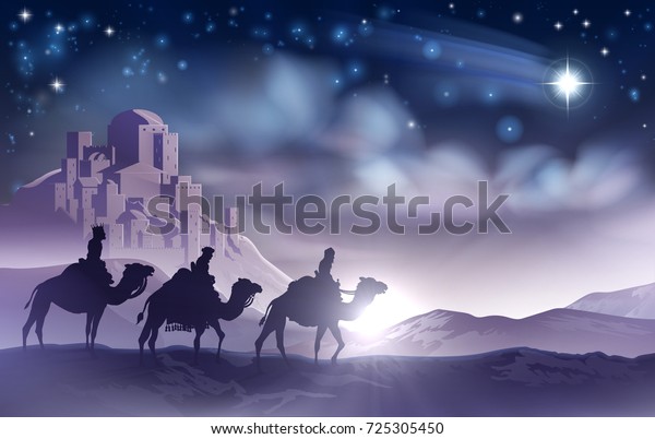 A nativity Christmas illustration of the three\
wise men magi on their journey following the star of Bethlehem and\
the city in the background