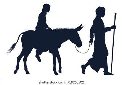 A Nativity Christmas Illustration Of The Virgin Mary And Joseph With Donkey In Silhouette On Their Journey 