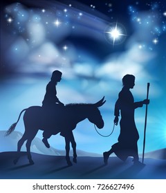 A nativity Christmas illustration of the the Virgin Mary and Joseph with donkey on their journey and the star of Bethlehem in the background