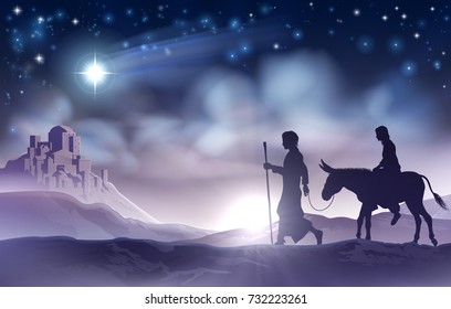 A Nativity Christmas Illustration Of The Virgin Mary And Joseph With Donkey On Their Journey, The Star Of Bethlehem And The City In The Background