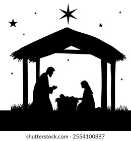 Nativity Christmas Mary, Joseph, baby Jesus starry night. Silhouette Jesus birth Christmas Bethlehem nativity religious scene.