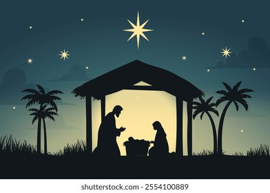 Nativity Christmas Mary, Joseph, baby Jesus starry night. Silhouette Jesus birth Christmas Bethlehem nativity religious scene.