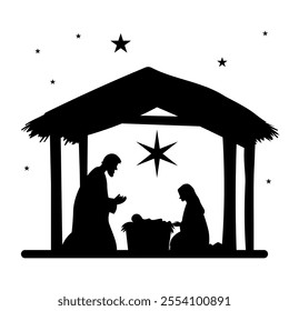 Nativity Christmas Mary, Joseph, baby Jesus starry night. Silhouette Jesus birth Christmas Bethlehem nativity religious scene.