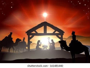 Nativity Christmas scene with baby Jesus in the manger in silhouette, three wise men or kings and star of Bethlehem