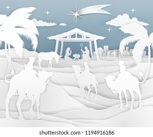 A nativity Christmas scene in a cut paper style. Baby Jesus in manger. Bethlehem in background. 3 Wise Men riding in silhouette to pay homage. The star above stable. Christian religious illustration.