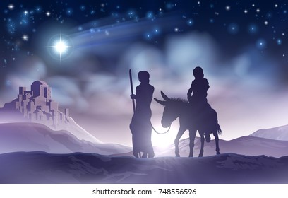 A Nativity Christmas Scene Illustration Of The Mary And Joseph A Donkey On Their Journey, The Star Of Bethlehem And The City In The Background