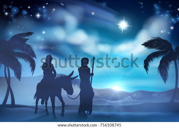 Nativity Christmas Scene Mary Joseph Donkey Stock Vector (Royalty Free ...