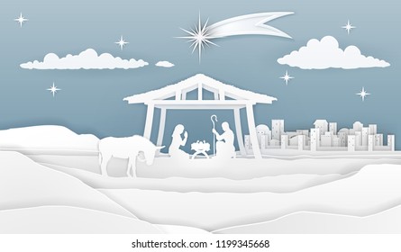 A nativity Christmas scene in a silhouette cut paper style. Baby Jesus in manger. City of Bethlehem in the background. The star above stable. Christian religious illustration.