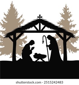 Nativity Christmas Scene Silhouettes. Traditional Christmas Nativity Scene of baby Jesus in the manger with Mary and Joseph in silhouette