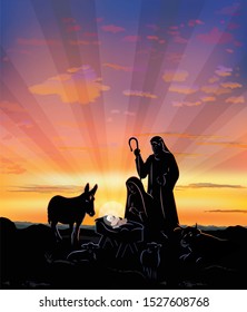 Nativity Christmas vector illustration with black silhouettes highlighted against a colorful sunset with rays shining down on the baby in a manger.