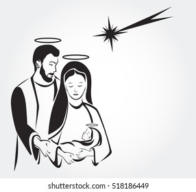 Nativity Christmas vector. Jesus birthday scene. Holy Mary and Saint Joseph holding Jesus.