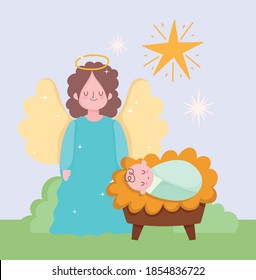 nativity, cute baby jesus angel and stars cartoon vector illustration