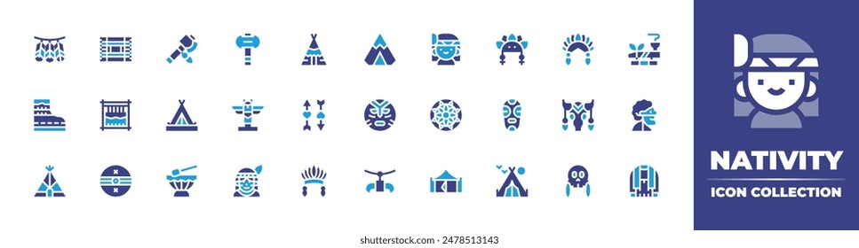 Nativity icon collection. Duotone color. Vector illustration. Containing indian, woman, teepee, shield, necklace, aztec, loom, boots, indiantent, drum, arrows, totem.
