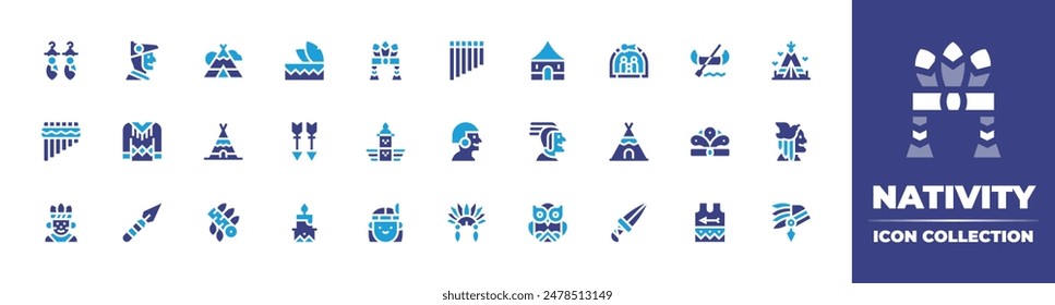 Nativity icon collection. Duotone color. Vector illustration. Containing candle, indian, totem, shirt, dagger, indigenous, owl, headdress, arrow, tepee, tent, spear.