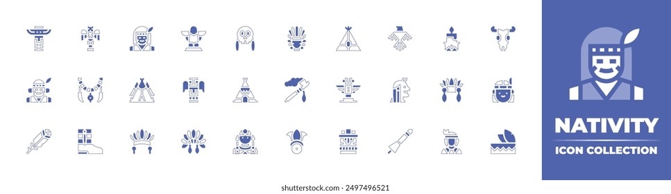 Nativity icon collection. Duotone style line stroke and bold. Vector illustration. Containing teepee, nativecanadian, headdress, indian, skull, village, boots, necklace, feather, totem.