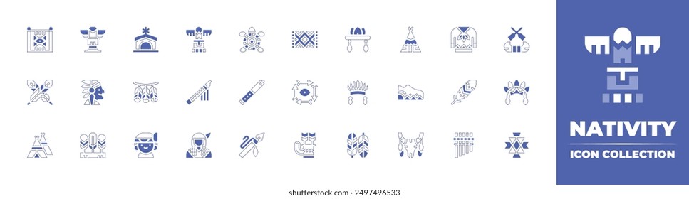 Icono de la colección de la Natividad. Estilo duotono trazo de línea y negrita. Ilustración vectorial. Contiene indio, pluma, nativo americano, tipi, bullskull, patrón, calzado, camisa, zampona, canoa.