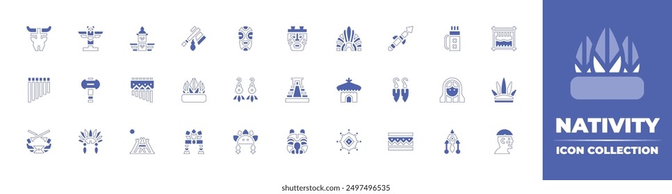 Icono de la colección de la Natividad. Estilo duotono trazo de línea y negrita. Ilustración vectorial. Contiene canoa, pueblo, indio, tótem, diadema, máscara, zampona, tocado, tomahawk, pendientes, hacha, cráneo.