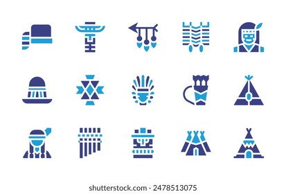 Nativity icon set. Duotone color. Vector illustration. Containing teepee, nativeamerican, village, indian, bone, arrow, quiver, pattern, zampona, tiki, totem.