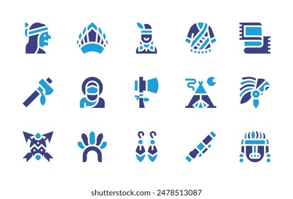 Nativity icon set. Duotone color. Vector illustration. Containing nativeamerican, tent, mayan, headdress, stjoseph, blowgun, carpet, earrings, poncho, headband, axe.