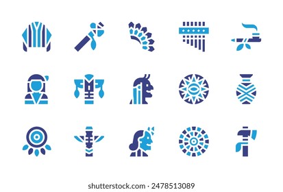 Nativity icon set. Duotone color. Vector illustration. Containing woman, feathers, calumet, hammer, totem, solarcalendar, poncho, vase, zampona, indigenous.