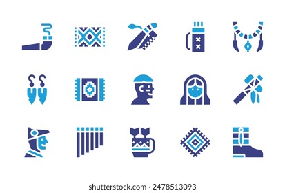 Nativity icon set. Duotone color. Vector illustration. Containing tapestry, calumet, virginmary, earrings, axe, quiver, carpet, necklace, knife, indigenous.