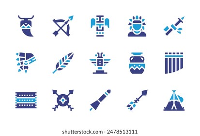 Nativity icon set. Duotone color. Vector illustration. Containing native, arrow, lance, feather, calumet, arrows, teepee, vase, zampona, bowandarrow, totem.