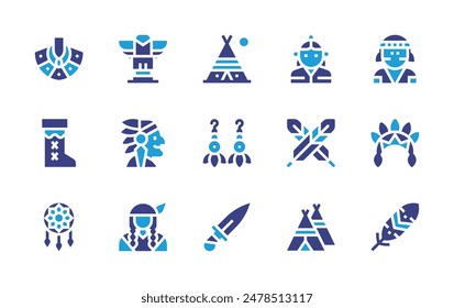 Krippe-Icon-Set. Zweitonfarbe. Vektorillustration. Enthaltend Indianer, Indianer, Indigene, Indigene, Messer, Ohrringe, Feder, Federn, Totem, Wigwam, Zelt.