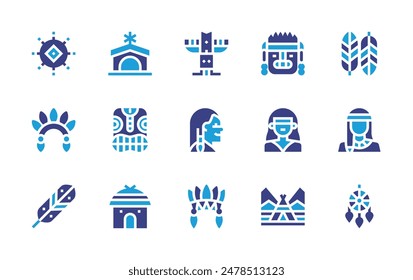 Nativity icon set. Duotone color. Vector illustration. Containing feather, indian, nativeamerican, manger, indigenous, sun, mask, totem, masquerade, woman.