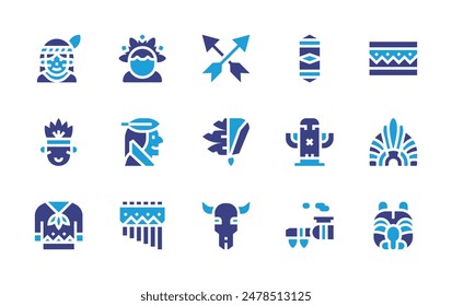 Conjunto de iconos de natividad. Color duotono. Ilustración vectorial. Contiene pulsera, flechas, máscara, hombre, azteca, tocado, zampona, acehneseshield, indígena, tótem, cráneo.