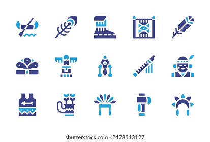 Conjunto de iconos de natividad. Color duotono. Ilustración vectorial. Contiene canoa, penacho, pavo real, cazador de sueños, singlet, aljaba, tocado, telar, flauta, botas, tótem, hacha.