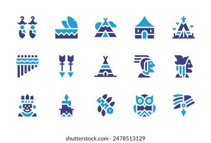 Nativity icon set. Duotone color. Vector illustration. Containing candle, man, siku, earrings, owl, headdress, hut, warbonnets, indigenous, arrow, teepee, tent.
