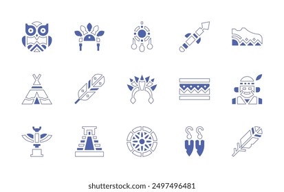 Nativity icon set. Duotone style line stroke and bold. Vector illustration. Containing tent, bracelet, native, mandala, dreamcatcher, feather, earrings, spear, owl, temple, totem, headdress.