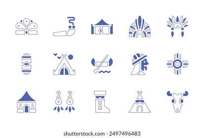 Conjunto de iconos de natividad. Estilo duotono trazo de línea y negrita. Ilustración vectorial. Contiene tienda de campaña, canoa, calumet, botas, azteca, indígena, tocado, cabaña, escudo, pendientes, tipi, tipi.