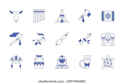 Nativity icon set. Duotone style line stroke and bold. Vector illustration. Containing teepee, turtle, nativecanadian, calumet, lance, axe, vase, carpet, zampona, quiver, feather.