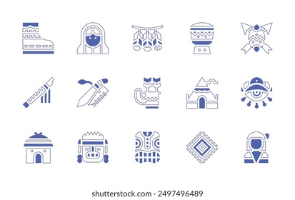 Nativity icon set. Duotone style line stroke and bold. Vector illustration. Containing symbol, drum, virginmary, boots, quiver, mask, knife, flute, feathers, masquerade, teepee, hut.