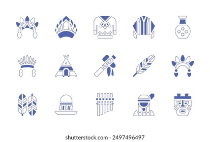 Nativity icon set. Duotone style line stroke and bold. Vector illustration. Containing nativeamerican, indian, mask, feather, axe, poncho, hat, vase, tent, shirt, zampona.