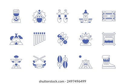 Conjunto de iconos de natividad. Estilo duotono trazo de línea y negrita. Ilustración vectorial. Contiene nativo americano, canoa, pueblo, tótem, hombre, indio, pendientes, tocado, zampona, plumas, tipi.