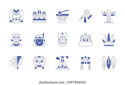 Nativity icon set. Duotone style line stroke and bold. Vector illustration. Containing man, shaman, headband, shirt, headdress, skull, drum, tomahawk, tipi, indian.