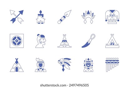 Conjunto de iconos de natividad. Estilo duotono trazo de línea y negrita. Ilustración vectorial. Contiene tocado, flechas, vela, sombrero, nativo americano, indígena, tipi, colmillo, tienda, lanza.