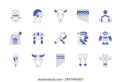 Nativity icon set. Duotone style line stroke and bold. Vector illustration. Containing feather, nativeamerican, woman, indian, indigenous, zampona, axe, arrow, skull.