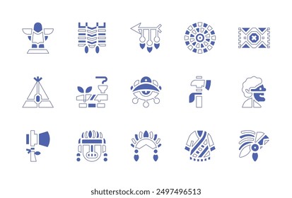 Nativity icon set. Duotone style line stroke and bold. Vector illustration. Containing calendar, eye, bone, mayan, headdress, ax, teepee, arrow, poncho, calumet, axe, totem.
