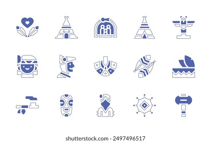 Nativity icon set. Duotone style line stroke and bold. Vector illustration. Containing feathers, nativityscene, necklace, nativeamerican, mask, indigenous, pipeofpeace, indiantent.