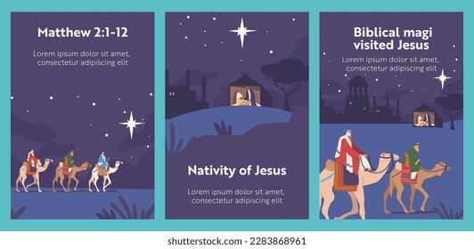 Nativity Of Jesus Cartoon Banners With Magi On Camels Travel By Night To Visit Newborn King. Biblical Religious Posters