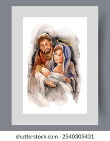 Nativity of Jesus Christ with Virgin Mary holding baby standing near man on poster. Watercolor artwork. Wall art with Christian icon with moment of Christmas of Jesus, in frame with decor for print