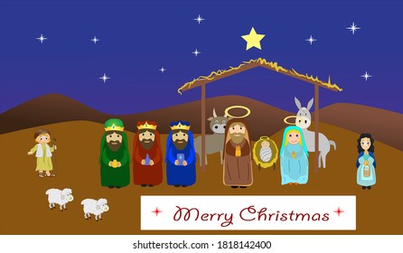 Nativity of Jesus with hut and bright comet on background with cartoon wise men